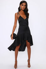 Load image into Gallery viewer, Black Ruffle Hem Satin Dress