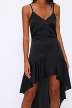 Load image into Gallery viewer, Black Ruffle Hem Satin Dress