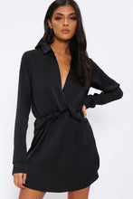 Load image into Gallery viewer, Black Long Sleeve Twist Front Satin Dress