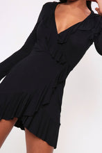 Load image into Gallery viewer, Black Frill Wrap Dress