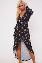 Load image into Gallery viewer, Black Floral Print Long Sleeve Wrap Midi Dress