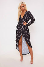 Load image into Gallery viewer, Black Floral Print Long Sleeve Wrap Midi Dress