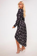 Load image into Gallery viewer, Black Floral Print Long Sleeve Wrap Midi Dress