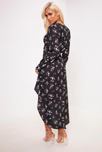 Load image into Gallery viewer, Black Floral Print Long Sleeve Wrap Midi Dress