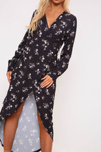 Load image into Gallery viewer, Black Floral Print Long Sleeve Wrap Midi Dress