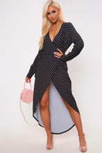 Load image into Gallery viewer, Black Polka Dot Print Long Sleeve Wrap Midi Dress