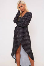 Load image into Gallery viewer, Black Polka Dot Print Long Sleeve Wrap Midi Dress