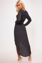 Load image into Gallery viewer, Black Polka Dot Print Long Sleeve Wrap Midi Dress