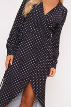 Load image into Gallery viewer, Black Polka Dot Print Long Sleeve Wrap Midi Dress